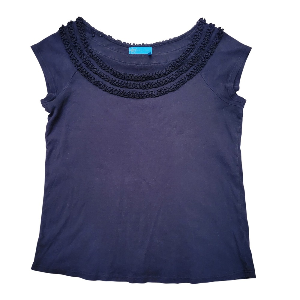 Fresh Produce L Tee Black Ruffle Neck Cotton USA Stretch Comfy Travel Summer